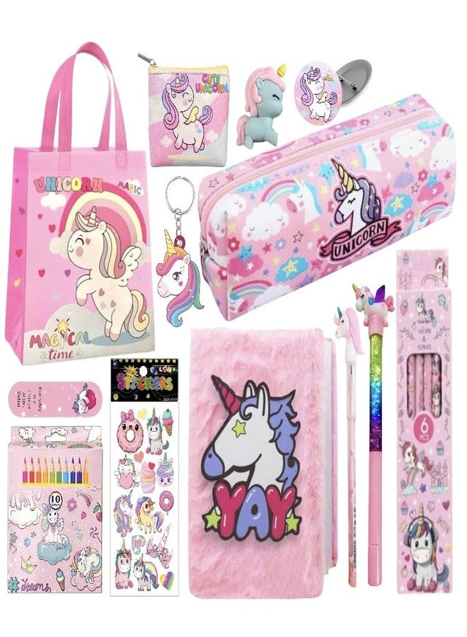 Le Delite 13 Pcs Unicorn Gift Combo Set For Girls Kids Fur Diary Gift Bag Stationery Set Age 6-8 Years 10-12 Year I Stickers, pen, pouch, badge, Eraser, Wallet & colors(Pink) - Image 1